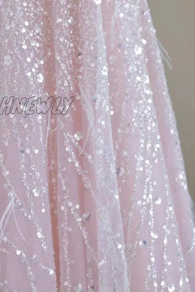 Hnewly Luxury Pink Feather Prom Dresses Women Advanced Light Luxury A Word Shoulder Fairy Evening