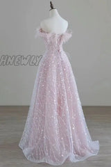 Hnewly Luxury Pink Feather Prom Dresses Women Advanced Light Luxury A Word Shoulder Fairy Evening