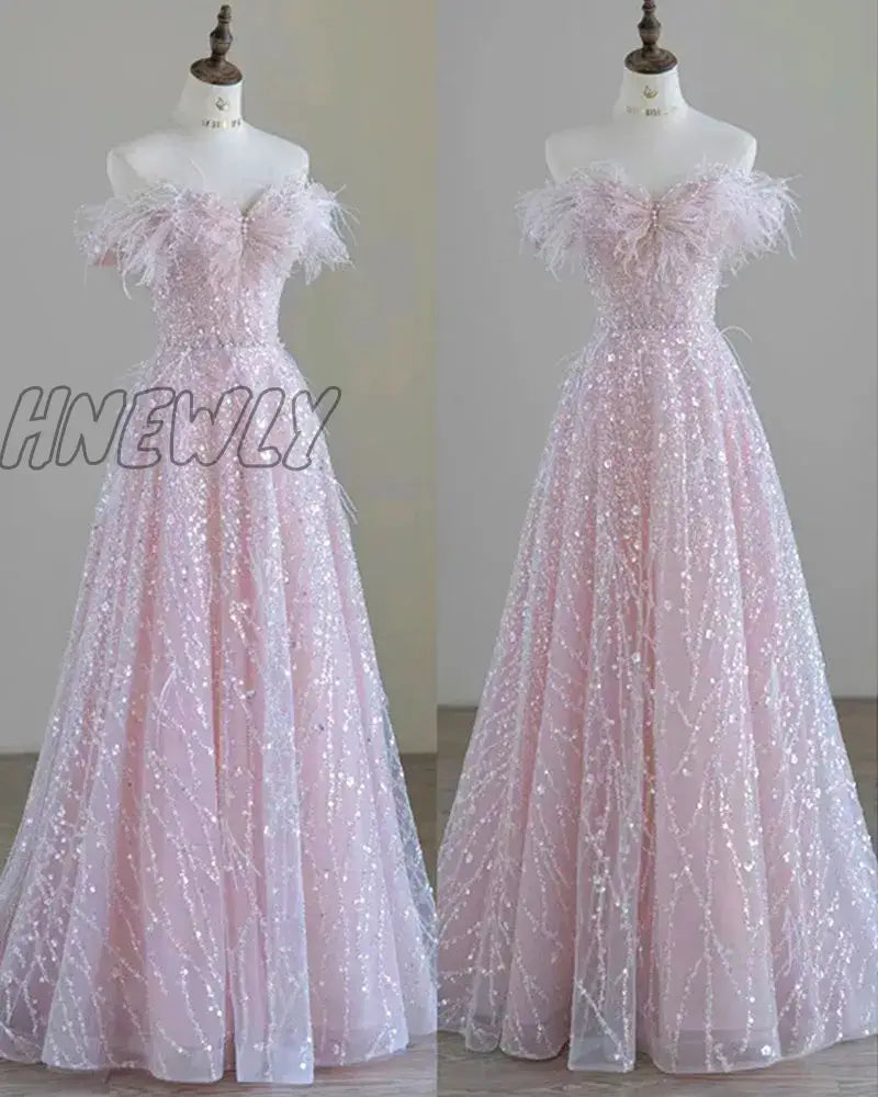 Luxury Pink feather Prom dresses women advanced light luxury a word shoulder fairy Evening dress high-end party gown