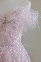 Hnewly Luxury Pink Feather Prom Dresses Women Advanced Light Luxury A Word Shoulder Fairy Evening