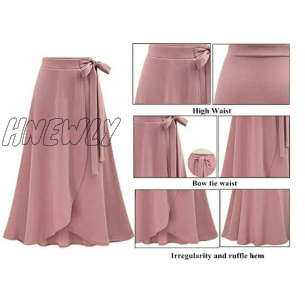 Hnewly M-6Xl Women Maxi Skirt Pink Ruffle High Waist Bowtie Slit Long Spring Summer Office Casual