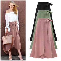 Hnewly M-6Xl Women Maxi Skirt Pink Ruffle High Waist Bowtie Slit Long Spring Summer Office Casual