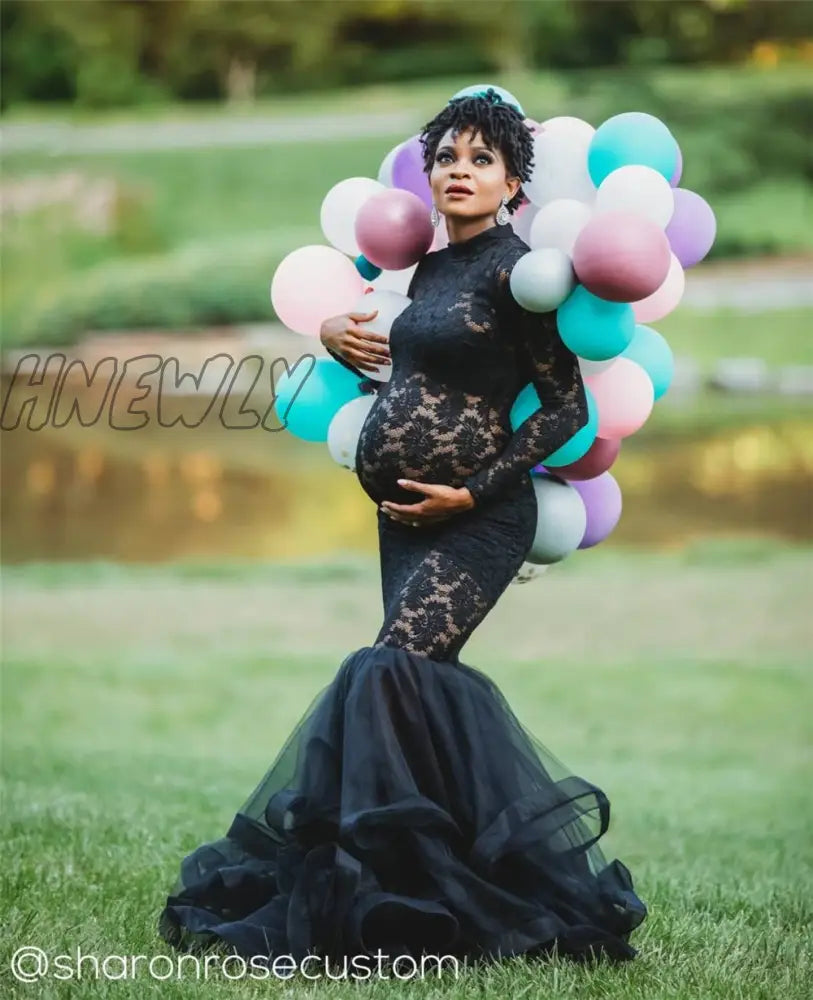 Hnewly Maternity Gown Dresses For Photo Shoot Pregnant Women Long Sleeve Black Lace Turtleneck