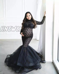 Hnewly Maternity Gown Dresses For Photo Shoot Pregnant Women Long Sleeve Black Lace Turtleneck