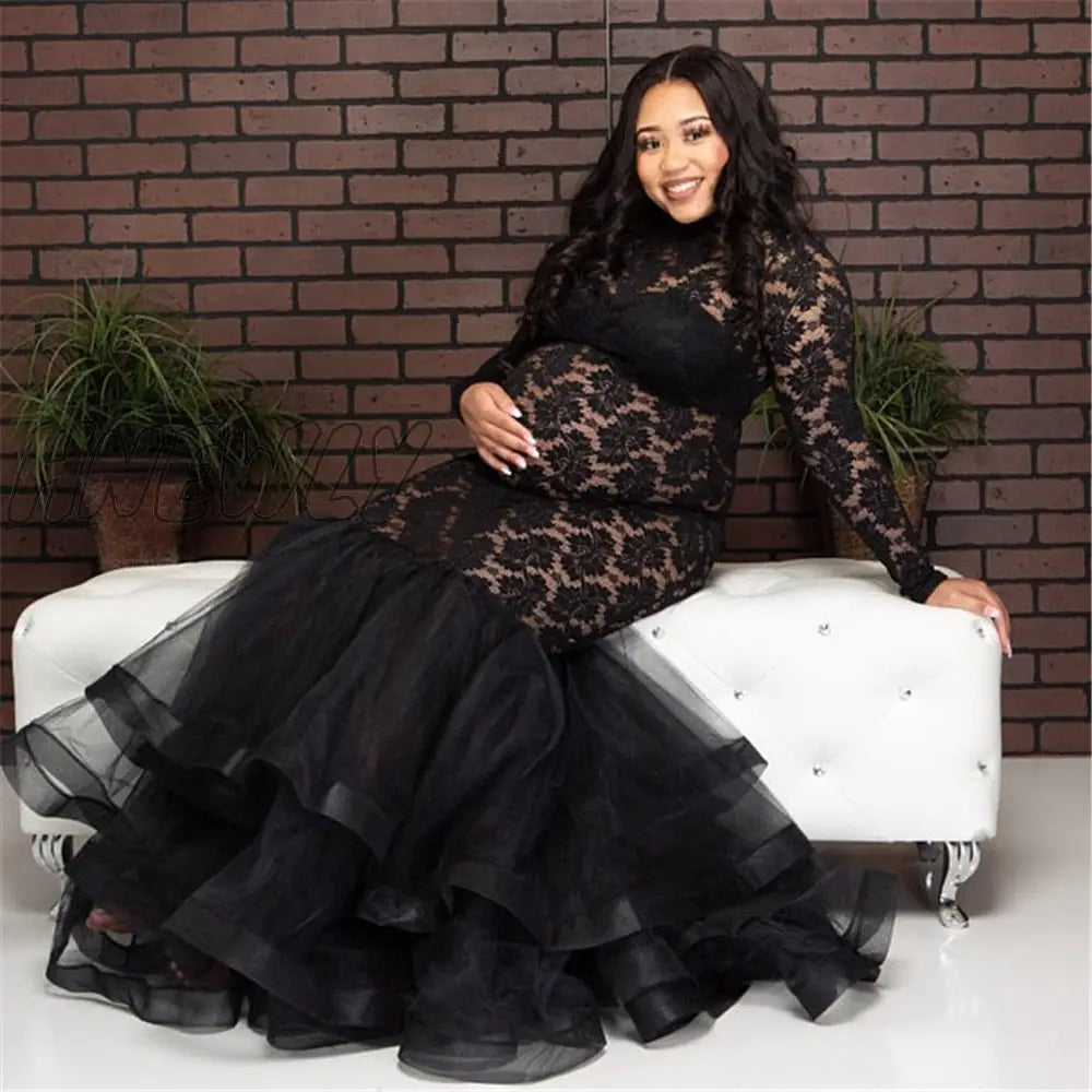 Hnewly Maternity Gown Dresses For Photo Shoot Pregnant Women Long Sleeve Black Lace Turtleneck