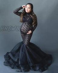 Hnewly Maternity Gown Dresses For Photo Shoot Pregnant Women Long Sleeve Black Lace Turtleneck