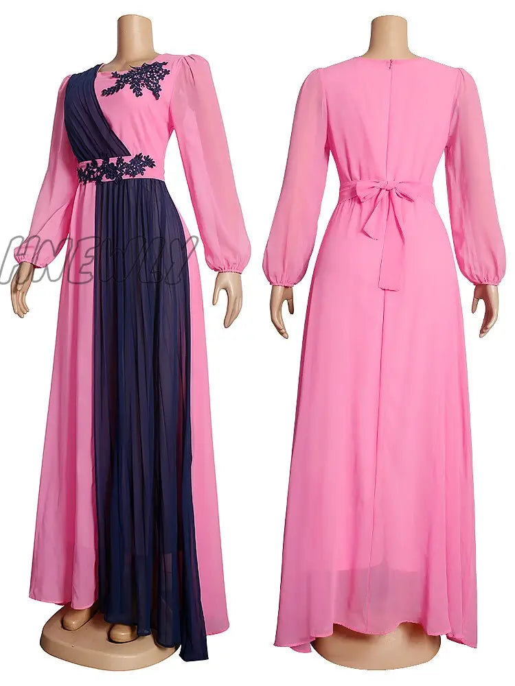 Hnewly Md African Dresses For Women New Fashion Chiffon Pleated Maxi Robe Long Sleeve Elegant Gown