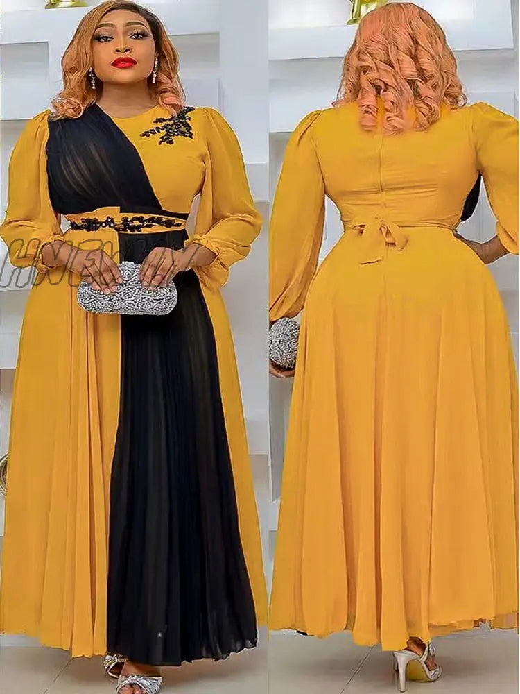 Hnewly Md African Dresses For Women New Fashion Chiffon Pleated Maxi Robe Long Sleeve Elegant Gown