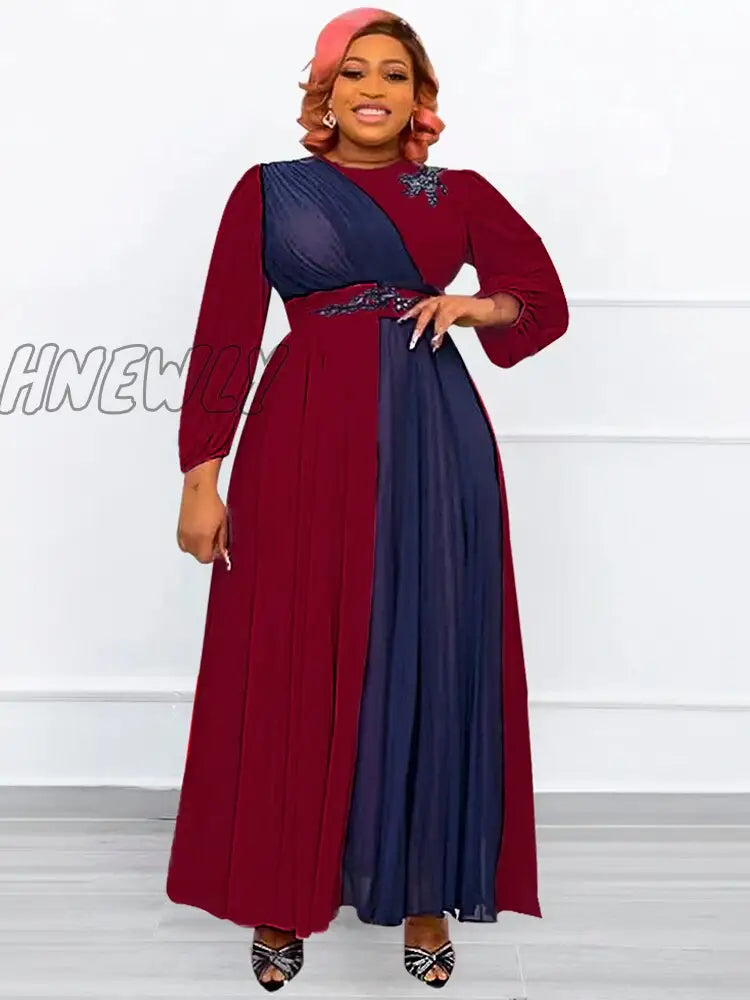 Hnewly Md African Dresses For Women New Fashion Chiffon Pleated Maxi Robe Long Sleeve Elegant Gown