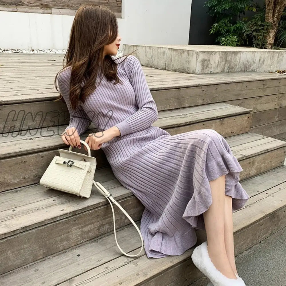 Hnewly Mermaid Dress Thick Knitted One-Piece Robes For Women Elegant Long Sleeve Midi Sweater