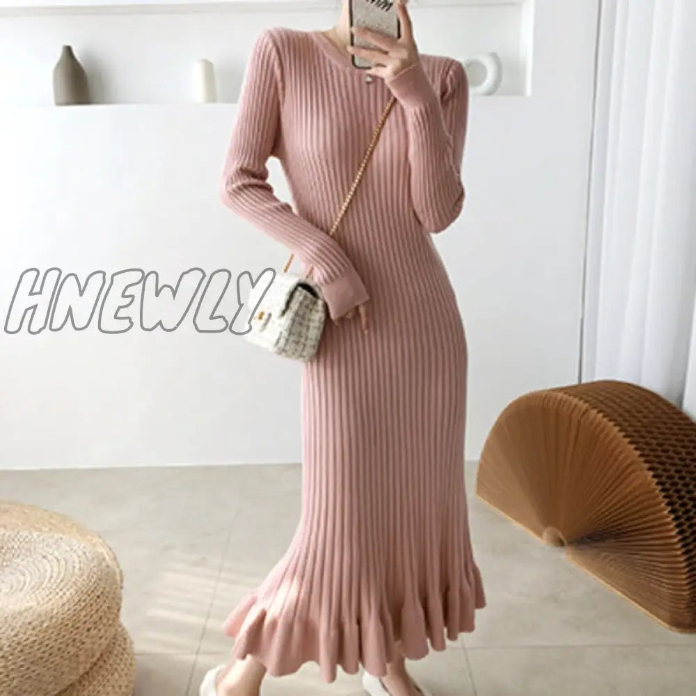 Hnewly Mermaid Dress Thick Knitted One-Piece Robes For Women Elegant Long Sleeve Midi Sweater