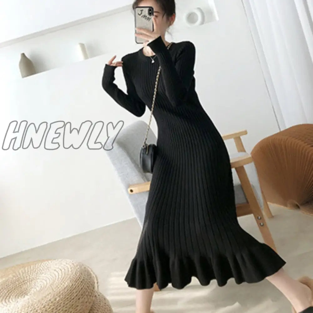 Hnewly Mermaid Dress Thick Knitted One-Piece Robes For Women Elegant Long Sleeve Midi Sweater