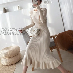 Hnewly Mermaid Dress Thick Knitted One-Piece Robes For Women Elegant Long Sleeve Midi Sweater