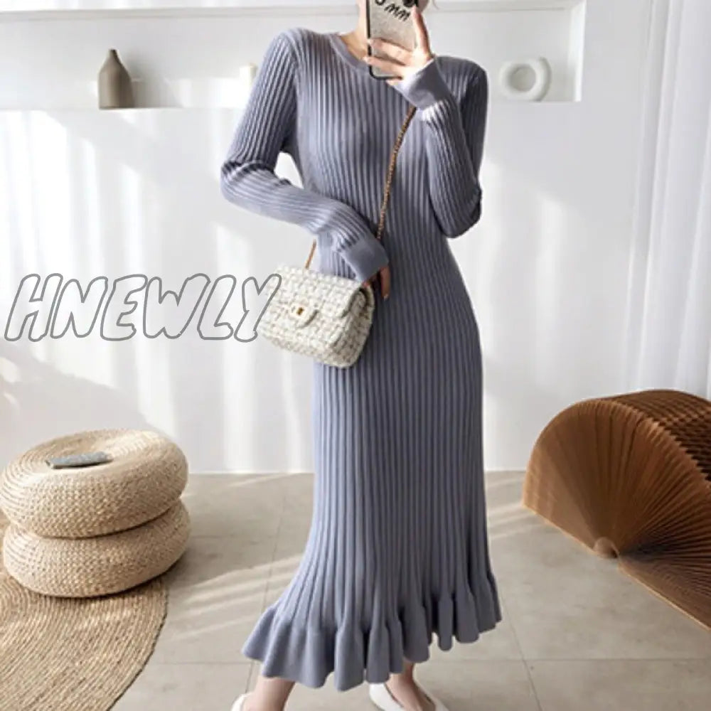 Hnewly Mermaid Dress Thick Knitted One-Piece Robes For Women Elegant Long Sleeve Midi Sweater