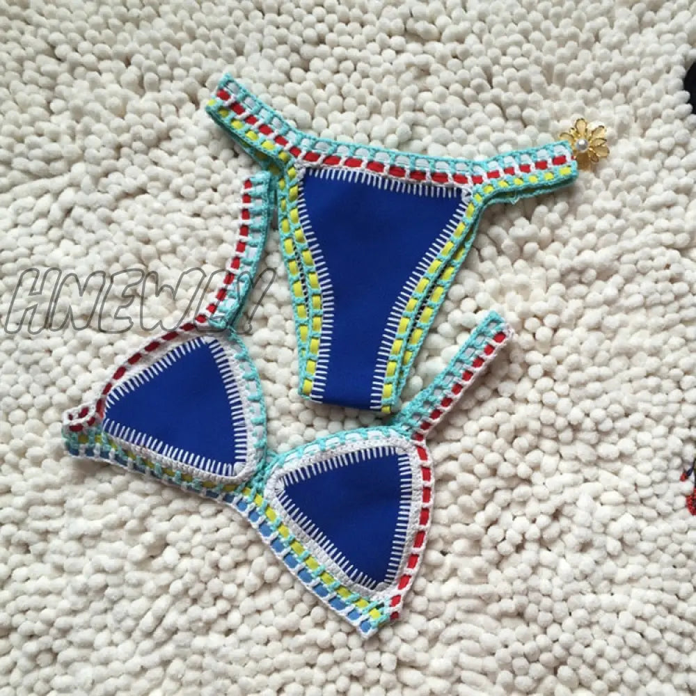 Hnewly Micro Bikini Women Handmade Crochet Knit Swimwear Halter Patchwork Bathing Suit Swimsuit