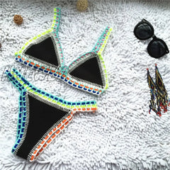 Hnewly Micro Bikini Women Handmade Crochet Knit Swimwear Halter Patchwork Bathing Suit Swimsuit