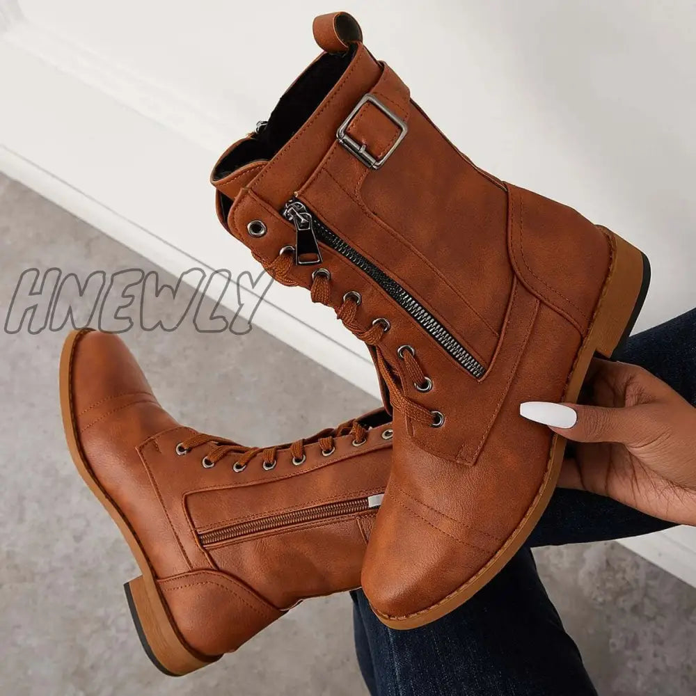 Hnewly Mid Calf Western Boots Block Low Heel Riding