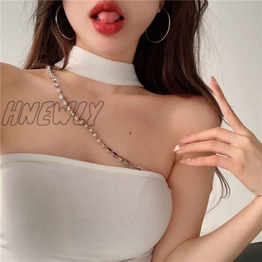 Hnewly Mini Dress Girl Summer Metal Crystal Chain Irregular Slim Skinny Sweet Women Korean Chest