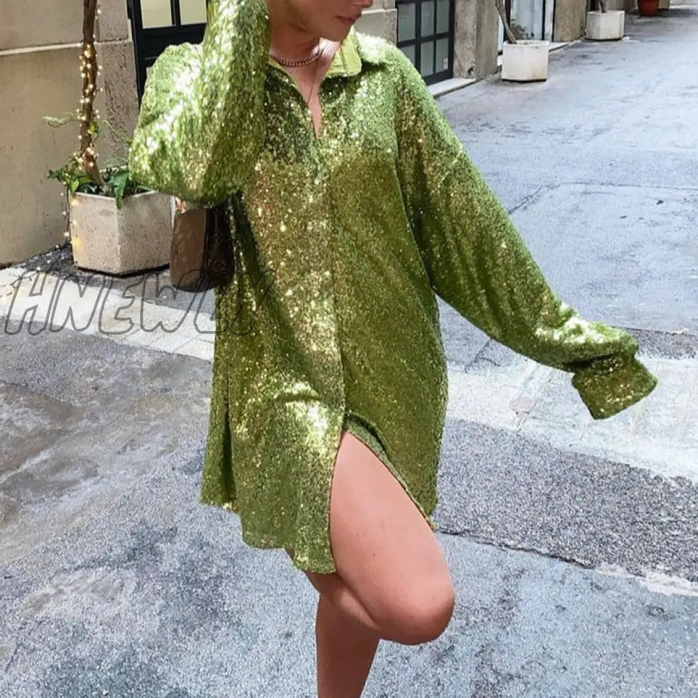 Hnewly Mini V Neck Green Sequins Party Dresses Shitrs Long Sleeve Autumn Winter Loose Pink Y2K