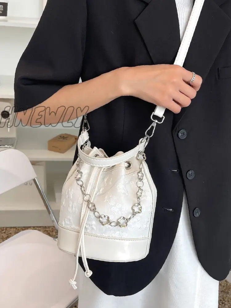 Hnewly - Minimalist Chain Decor Drawstring Bucket Bag Women Satchels White Women-Satchels