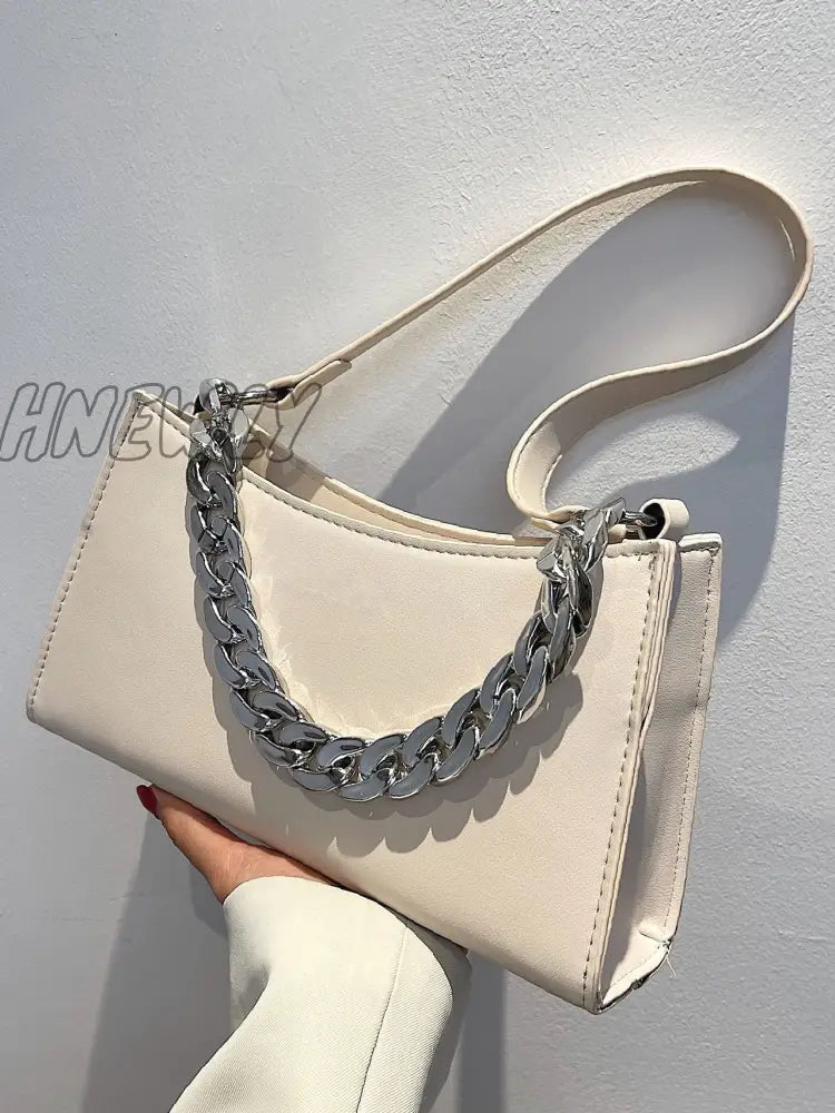 Hnewly - Minimalist Chain Handle Baguette Bag Women Satchels Beige Women-Satchels