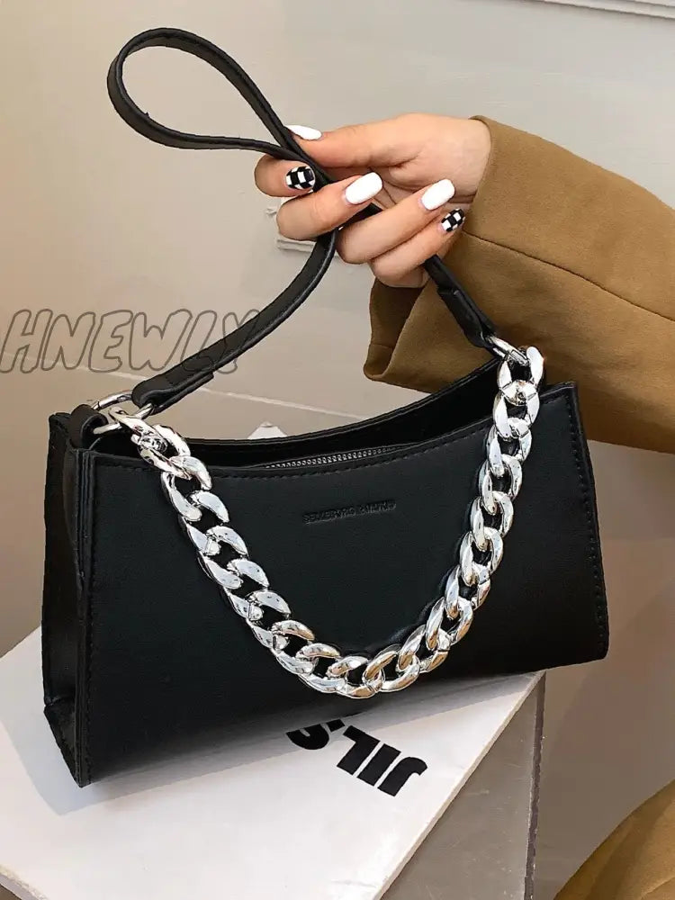 Hnewly - Minimalist Chain Handle Baguette Bag Women Satchels Black Women-Satchels