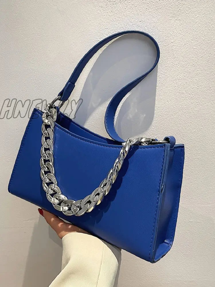 Hnewly - Minimalist Chain Handle Baguette Bag Women Satchels Blue Women-Satchels