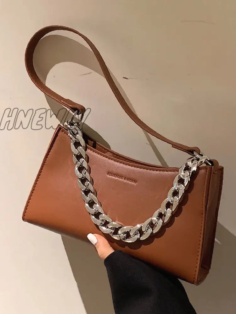 Hnewly - Minimalist Chain Handle Baguette Bag Women Satchels Brown Women-Satchels