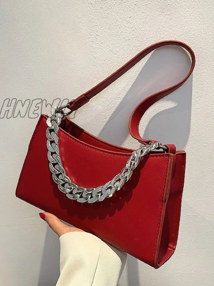 Hnewly - Minimalist Chain Handle Baguette Bag Women Satchels Burgundy Women-Satchels