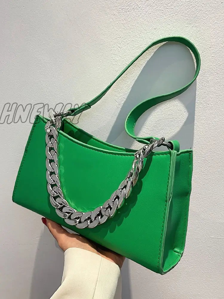 Hnewly - Minimalist Chain Handle Baguette Bag Women Satchels Green Women-Satchels