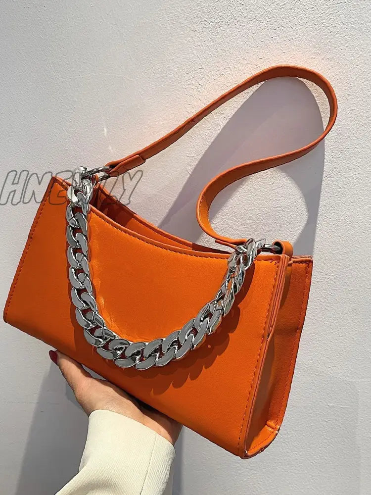 Hnewly - Minimalist Chain Handle Baguette Bag Women Satchels Orange Women-Satchels