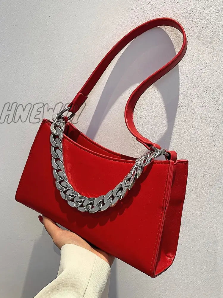 Hnewly - Minimalist Chain Handle Baguette Bag Women Satchels Red Women-Satchels