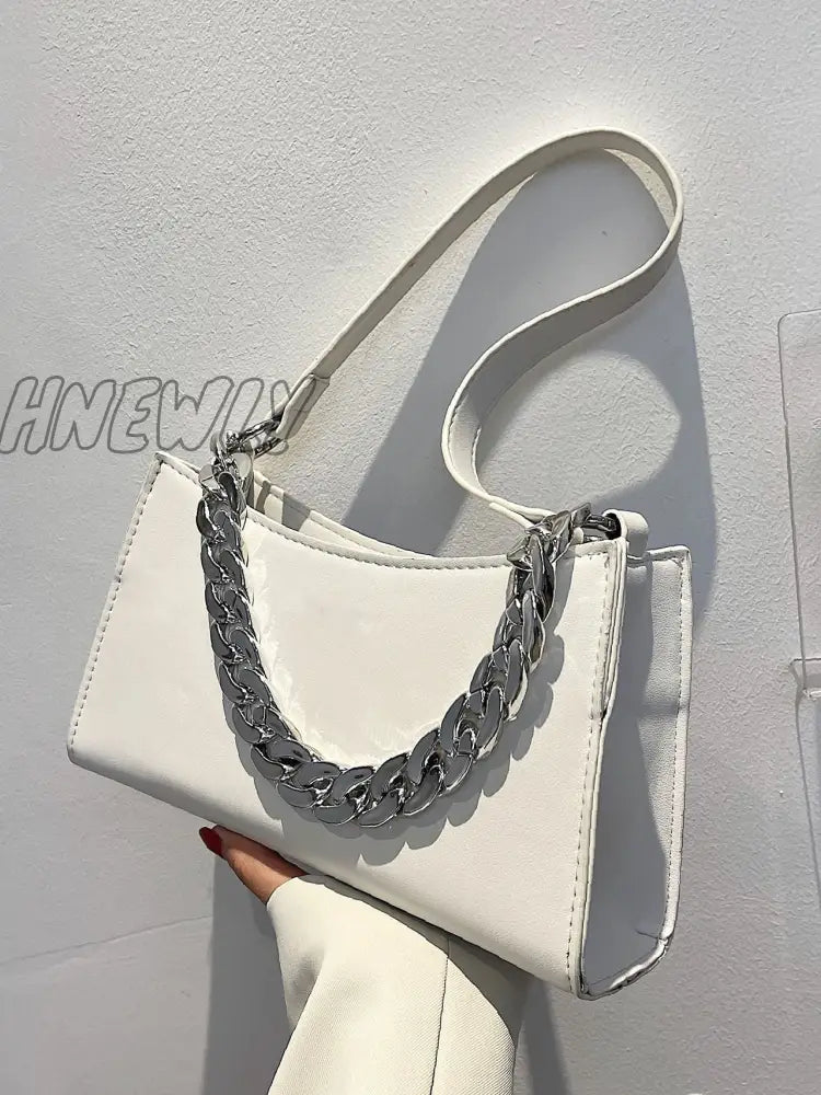 Hnewly - Minimalist Chain Handle Baguette Bag Women Satchels White Women-Satchels