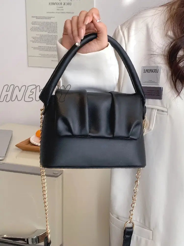 Hnewly - Minimalist Flap Chain Ruched Bag Women Satchels Black Women-Satchels