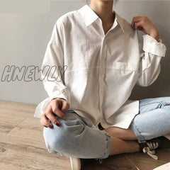 Hnewly Minimalist Loose White Shirts For Women Turn - Down Collar Solid Female Tops Spring Summer