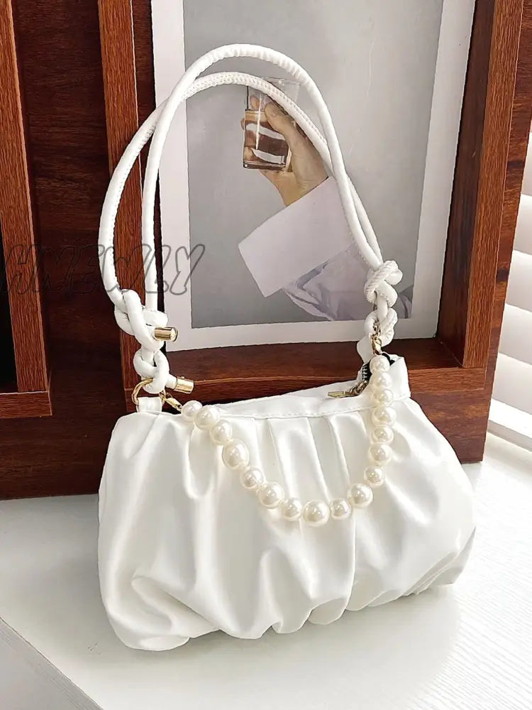 Hnewly - Minimalist Pearls Decor Ruched Bag Women Satchels White Women-Satchels