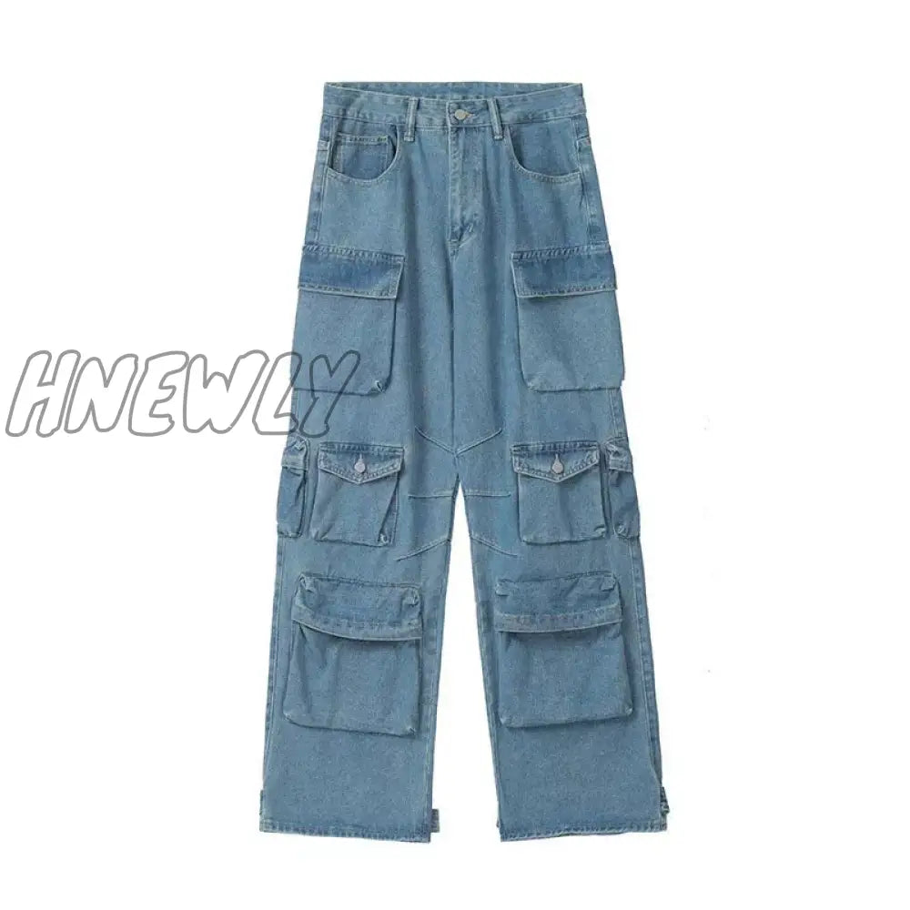 Hnewly Multi-Pocket Blue Washed Cargo Pants Y2K Retro High Street Fashion Waist Jeans Couple