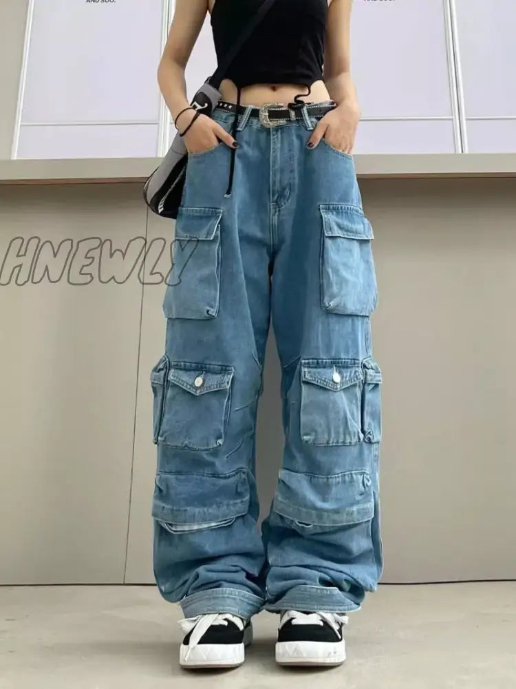 Hnewly Multi-Pocket Blue Washed Cargo Pants Y2K Retro High Street Fashion Waist Jeans Couple