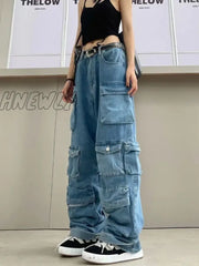 Hnewly Multi-Pocket Blue Washed Cargo Pants Y2K Retro High Street Fashion Waist Jeans Couple