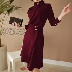 Hnewly New Arrival Autumn Women Elegant Button Stand Neck Belted Long Sleeve Work Business Party