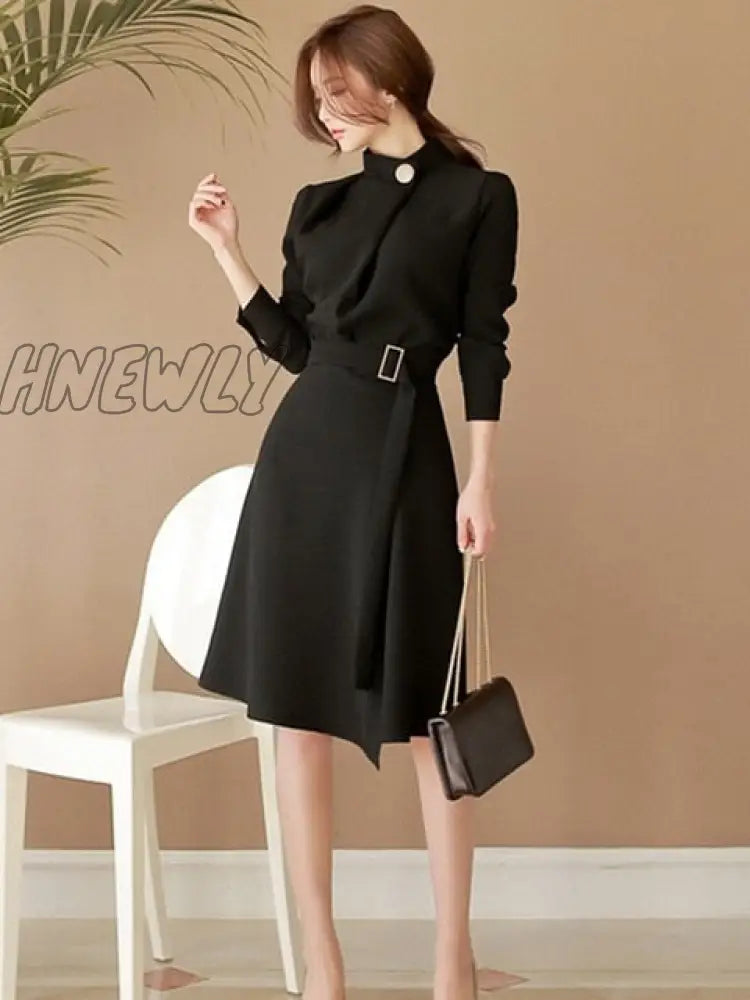 Hnewly New Arrival Autumn Women Elegant Button Stand Neck Belted Long Sleeve Work Business Party