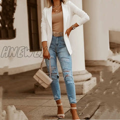 Hnewly New Autumn Casual Women Suit Coat Solid Blazer Office Tops Thin Jacke Slim Black Blazers