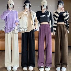 Hnewly New Autumn Winter Chenille Pants For Women Wide Leg Loose High Elastic Waist Purple White