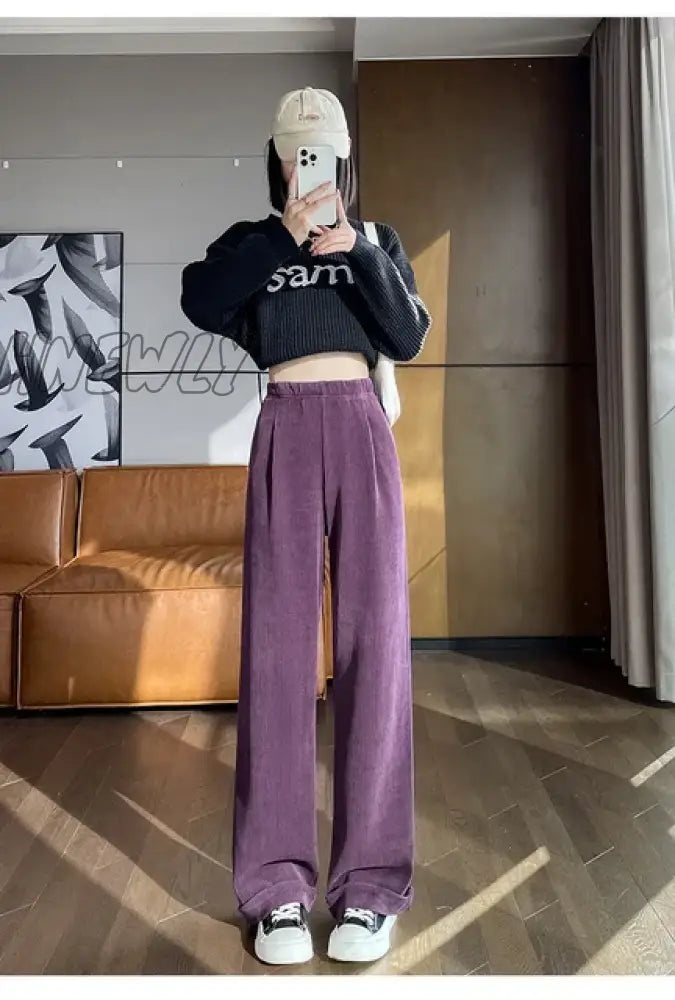 Hnewly New Autumn Winter Chenille Pants For Women Wide Leg Loose High Elastic Waist Purple White