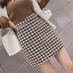 Hnewly New Autumn Winter Stylish Houndstooth Skirt Women Woolen Skater Skirts High Waist A-Line