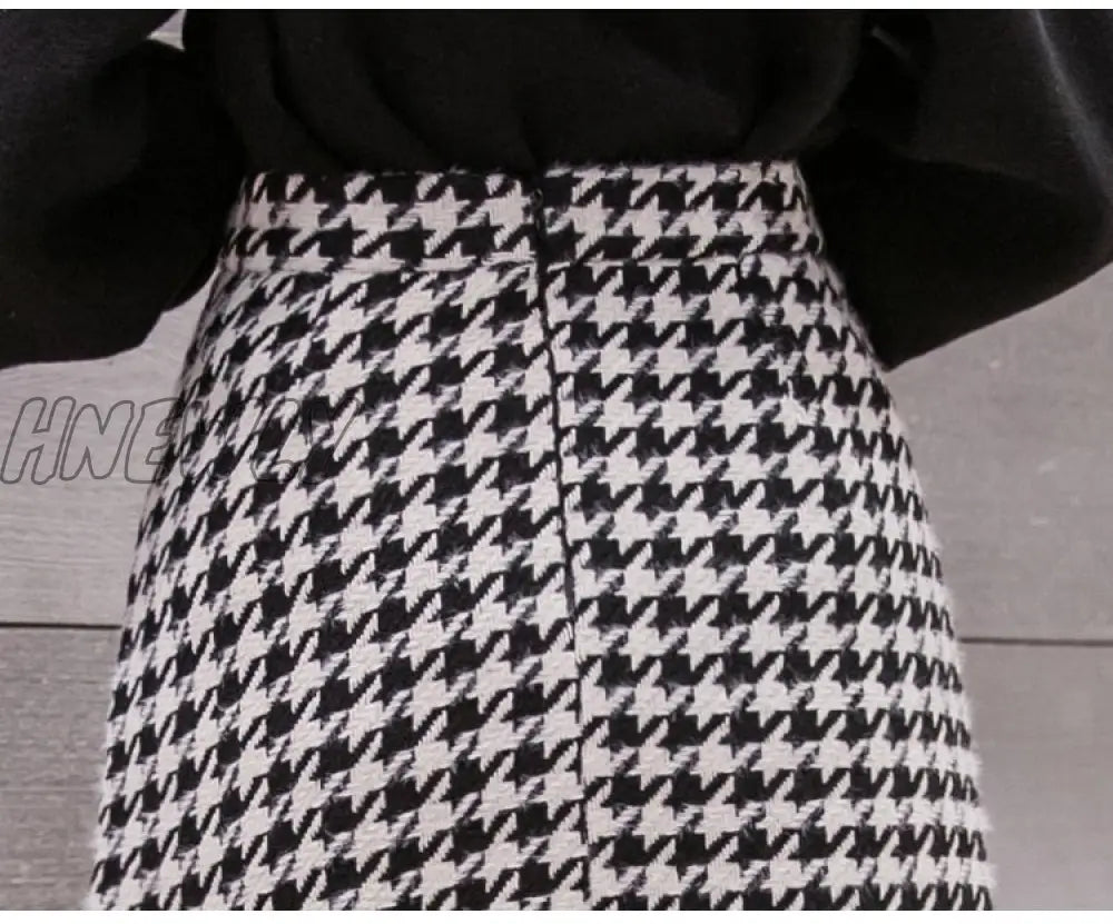 Hnewly New Autumn Winter Stylish Houndstooth Skirt Women Woolen Skater Skirts High Waist A-Line