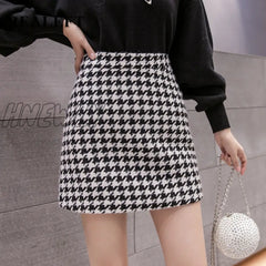 Hnewly New Autumn Winter Stylish Houndstooth Skirt Women Woolen Skater Skirts High Waist A-Line