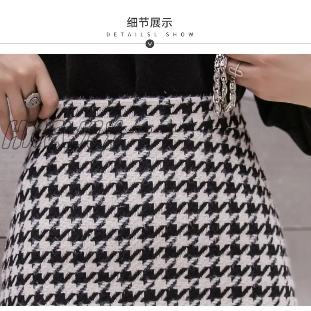 Hnewly New Autumn Winter Stylish Houndstooth Skirt Women Woolen Skater Skirts High Waist A-Line