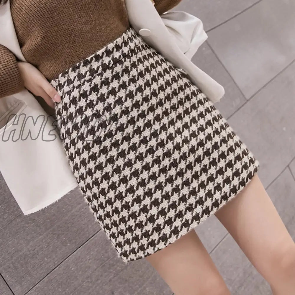 Hnewly New Autumn Winter Stylish Houndstooth Skirt Women Woolen Skater Skirts High Waist A-Line