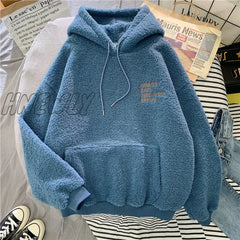 Hnewly New Autumn Winter Thick Warm Coat Velvet Cashmere Women Hoody Sweatshirt Solid Blue Pullover